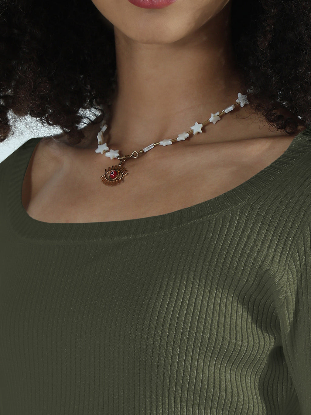 Women's Ribbed Green Round Neck Fitted Top