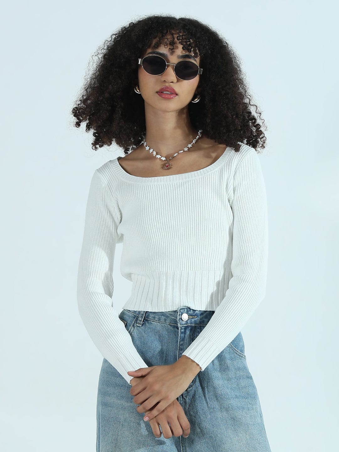 Women's Ribbed White Round Neck Fitted Top