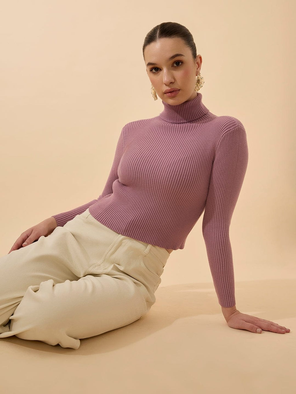 Women's Ribbed Purple Turtleneck Full Sleeves Top