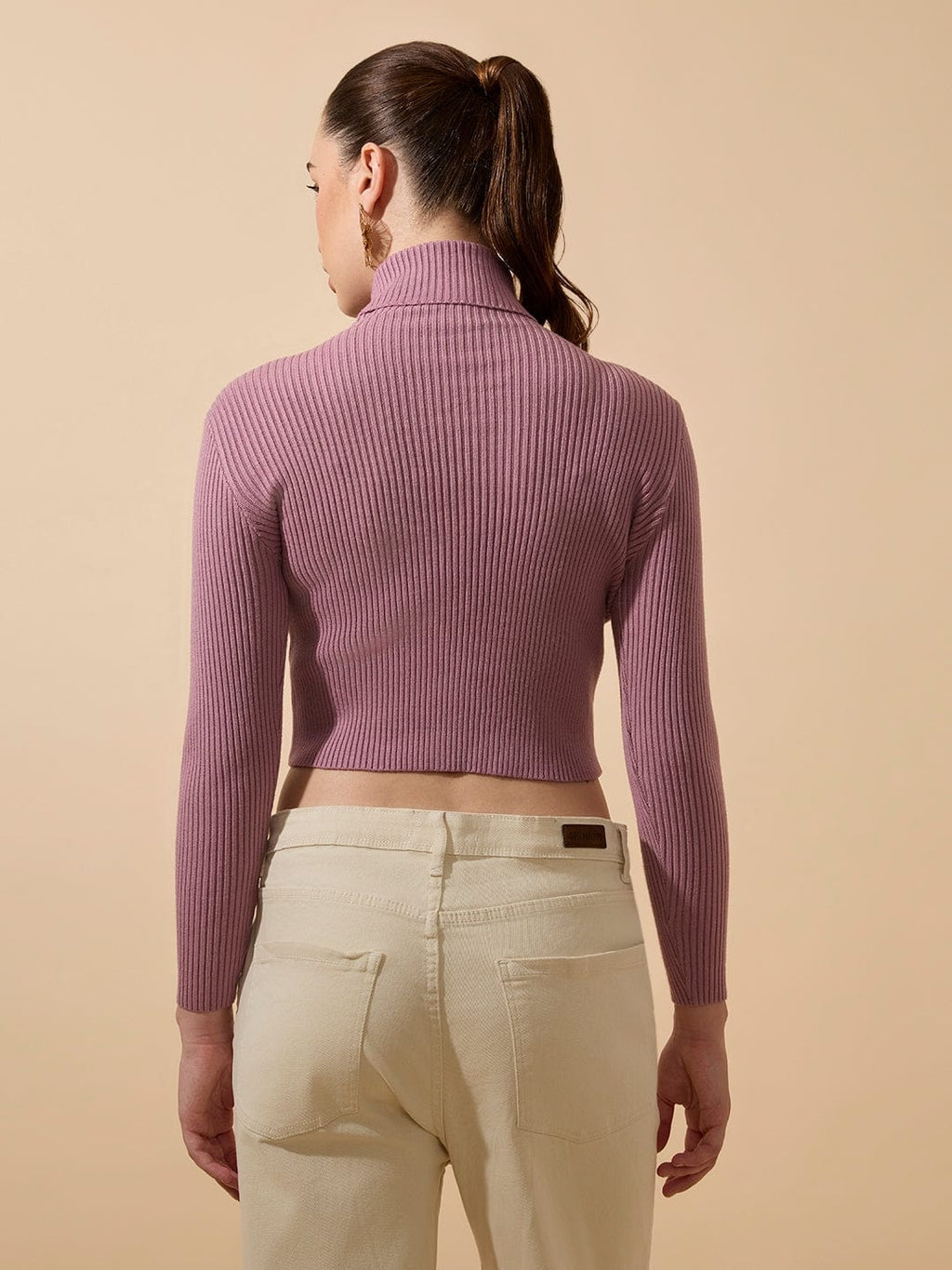 Women's Ribbed Purple Turtleneck Full Sleeves Top