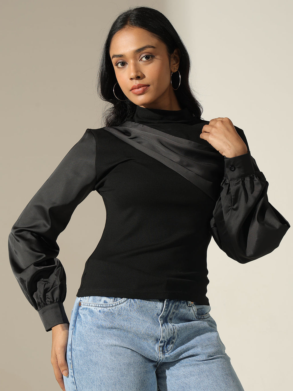 Women's Satin-Panel Black Mock-Neck Top with Balloon Sleeves