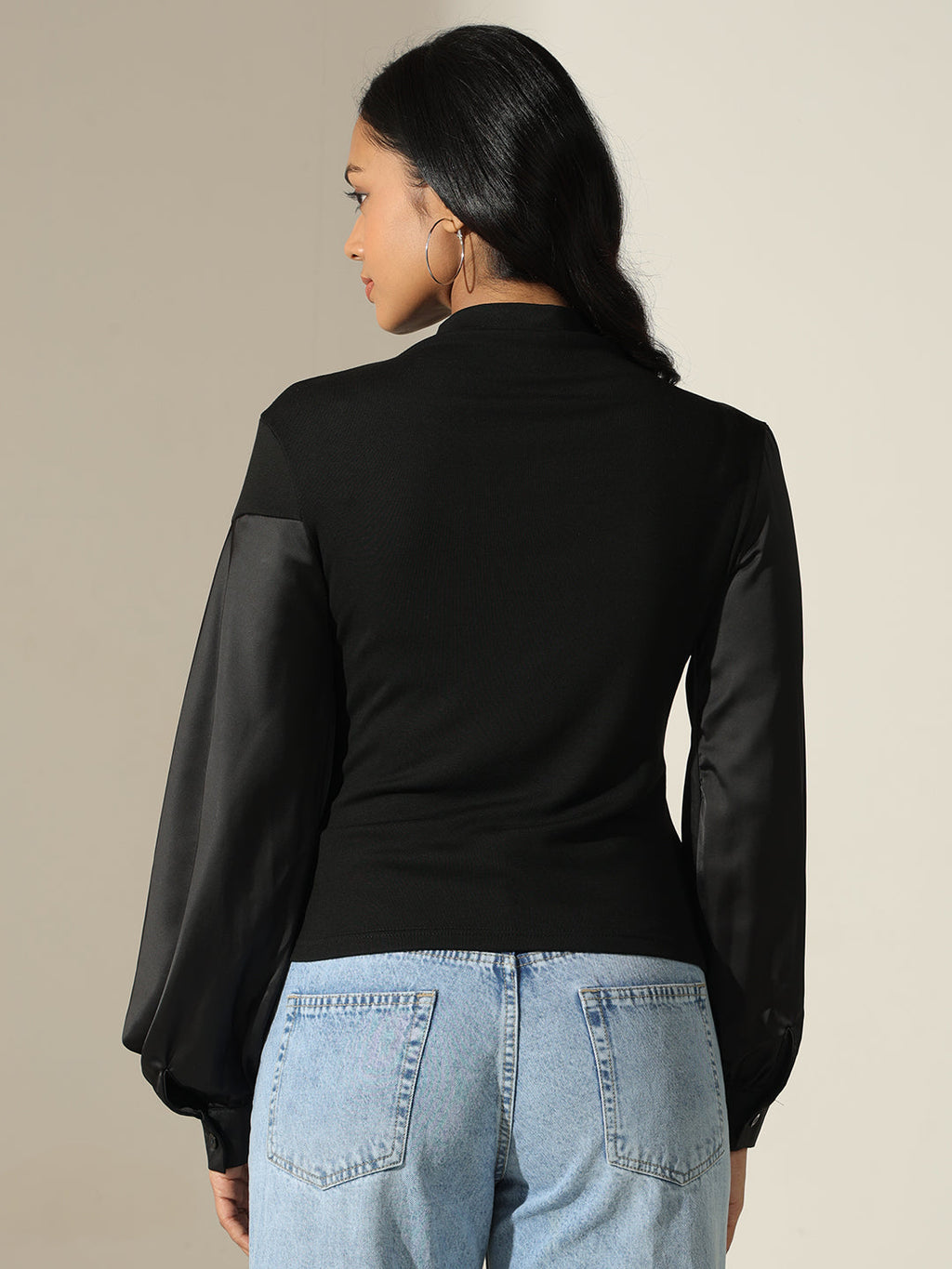 Women's Satin-Panel Black Mock-Neck Top with Balloon Sleeves