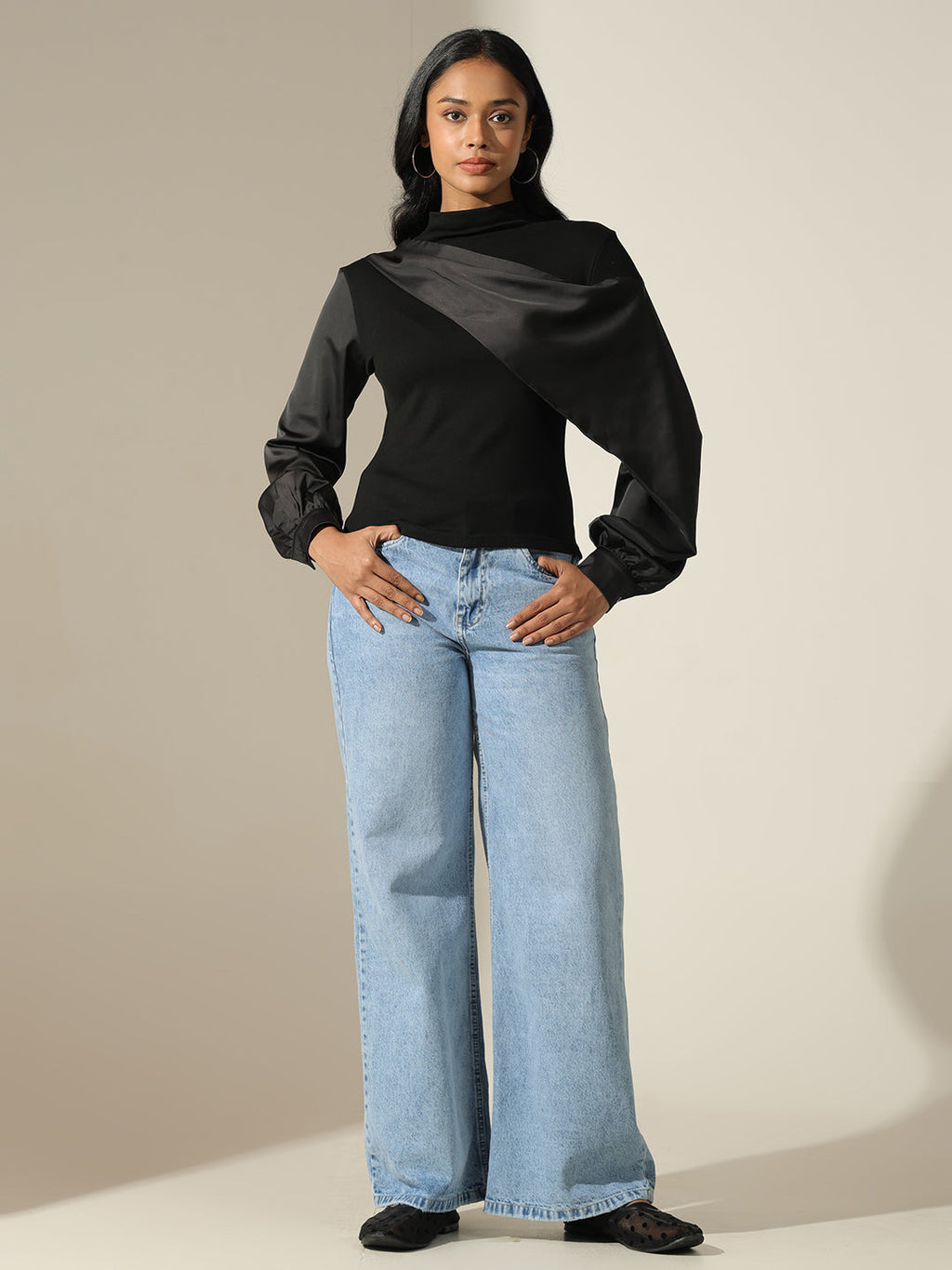 Women's Satin-Panel Black Mock-Neck Top with Balloon Sleeves