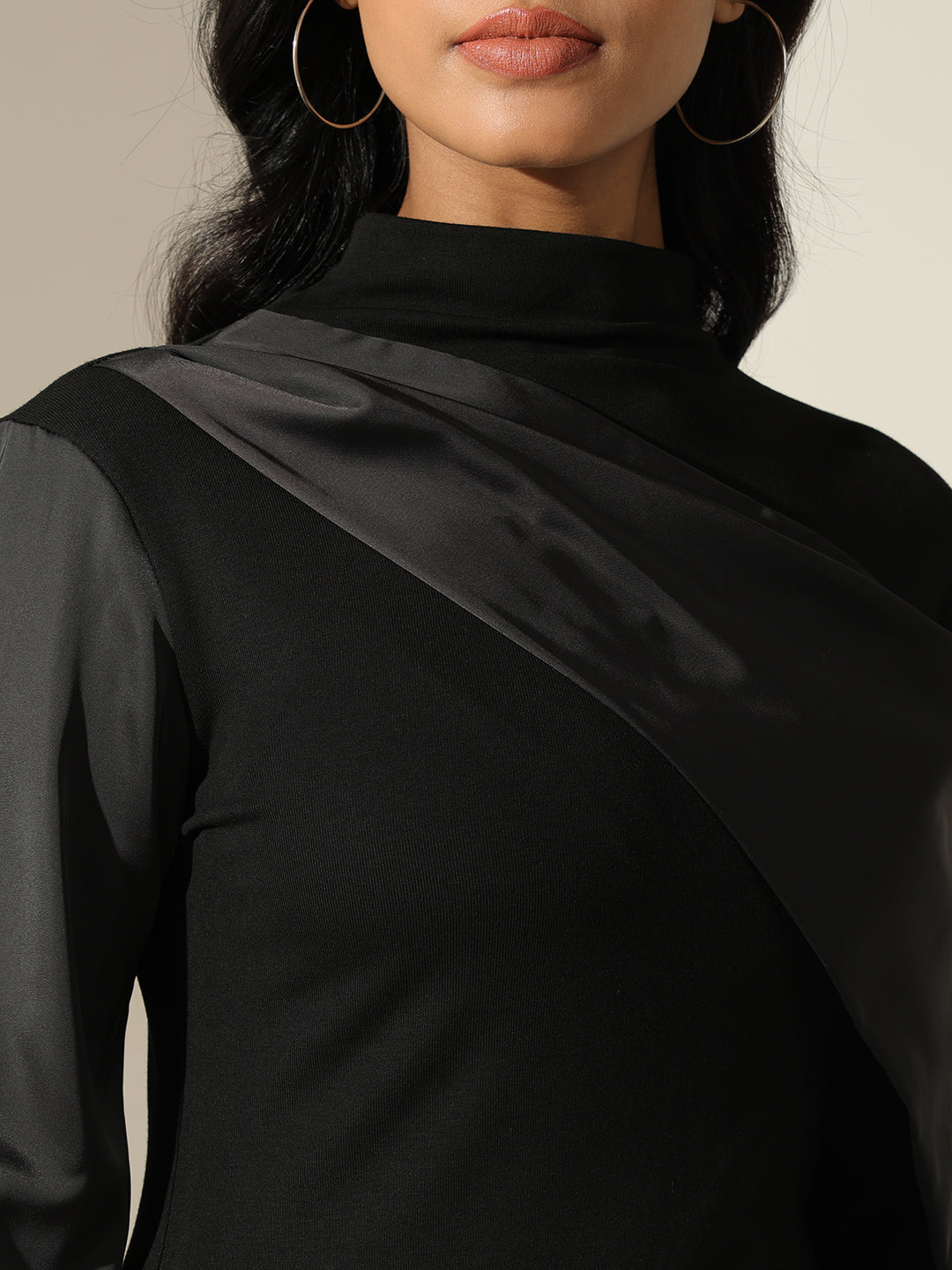 Women's Satin-Panel Black Mock-Neck Top with Balloon Sleeves