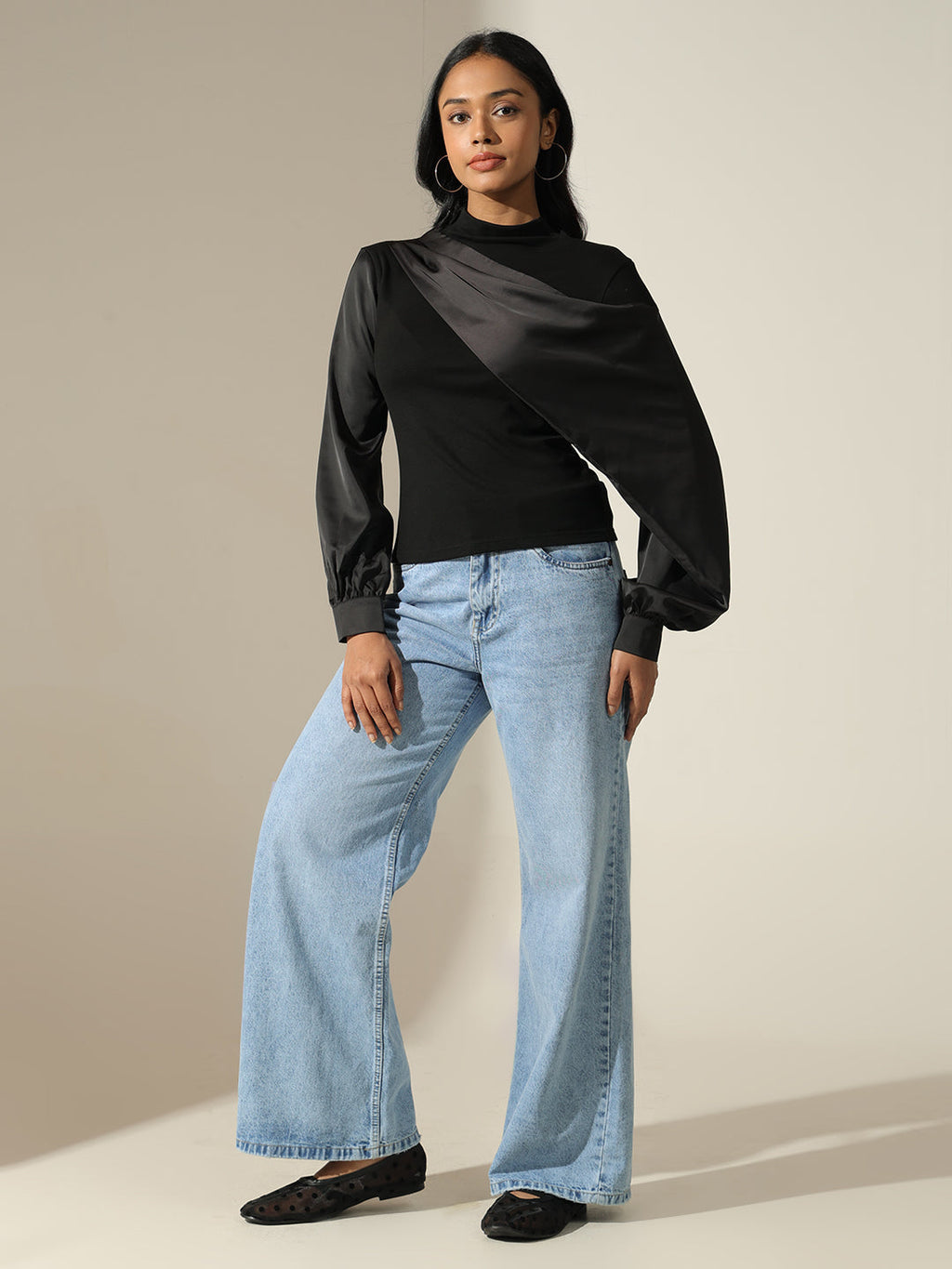 Women's Satin-Panel Black Mock-Neck Top with Balloon Sleeves