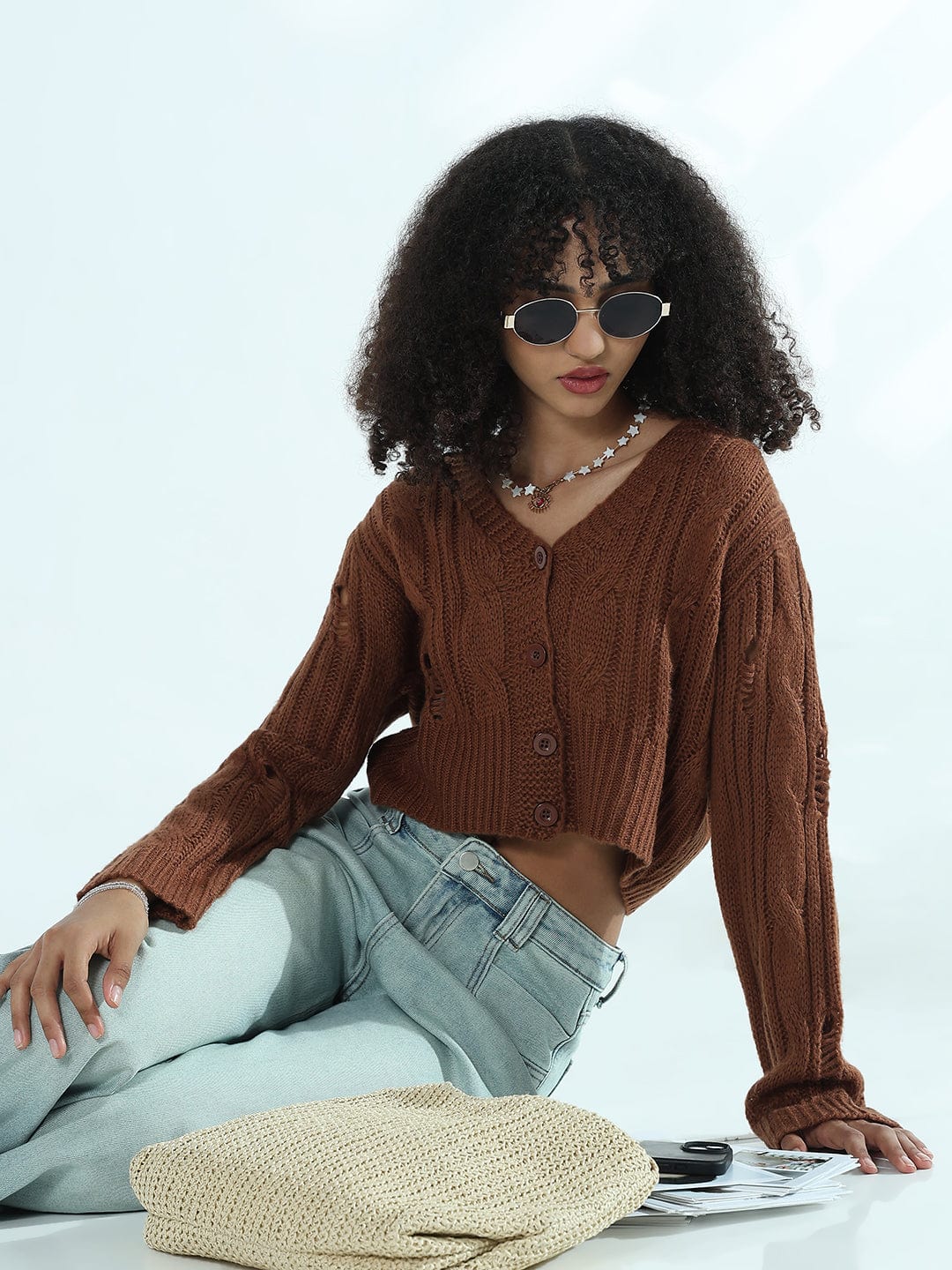 Women's Distressed Brown Cropped Sweater Top