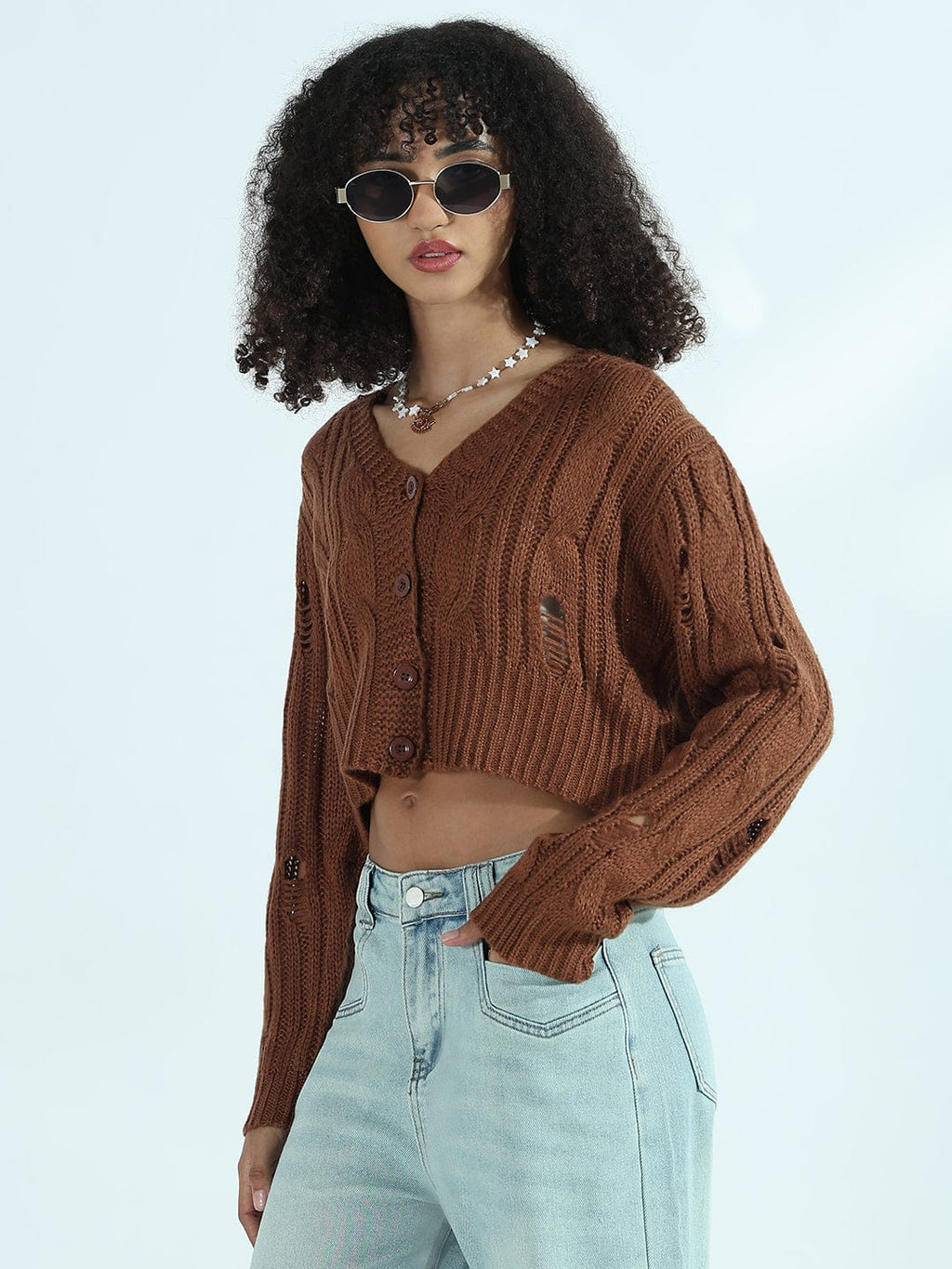 Women's Distressed Brown Cropped Sweater Top