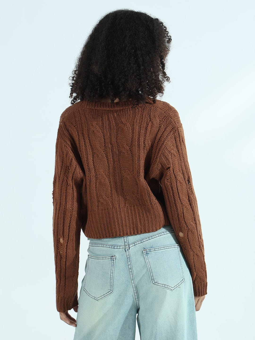 Women's Distressed Brown Cropped Sweater Top