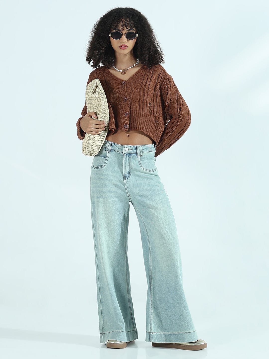 Women's Distressed Brown Cropped Sweater Top