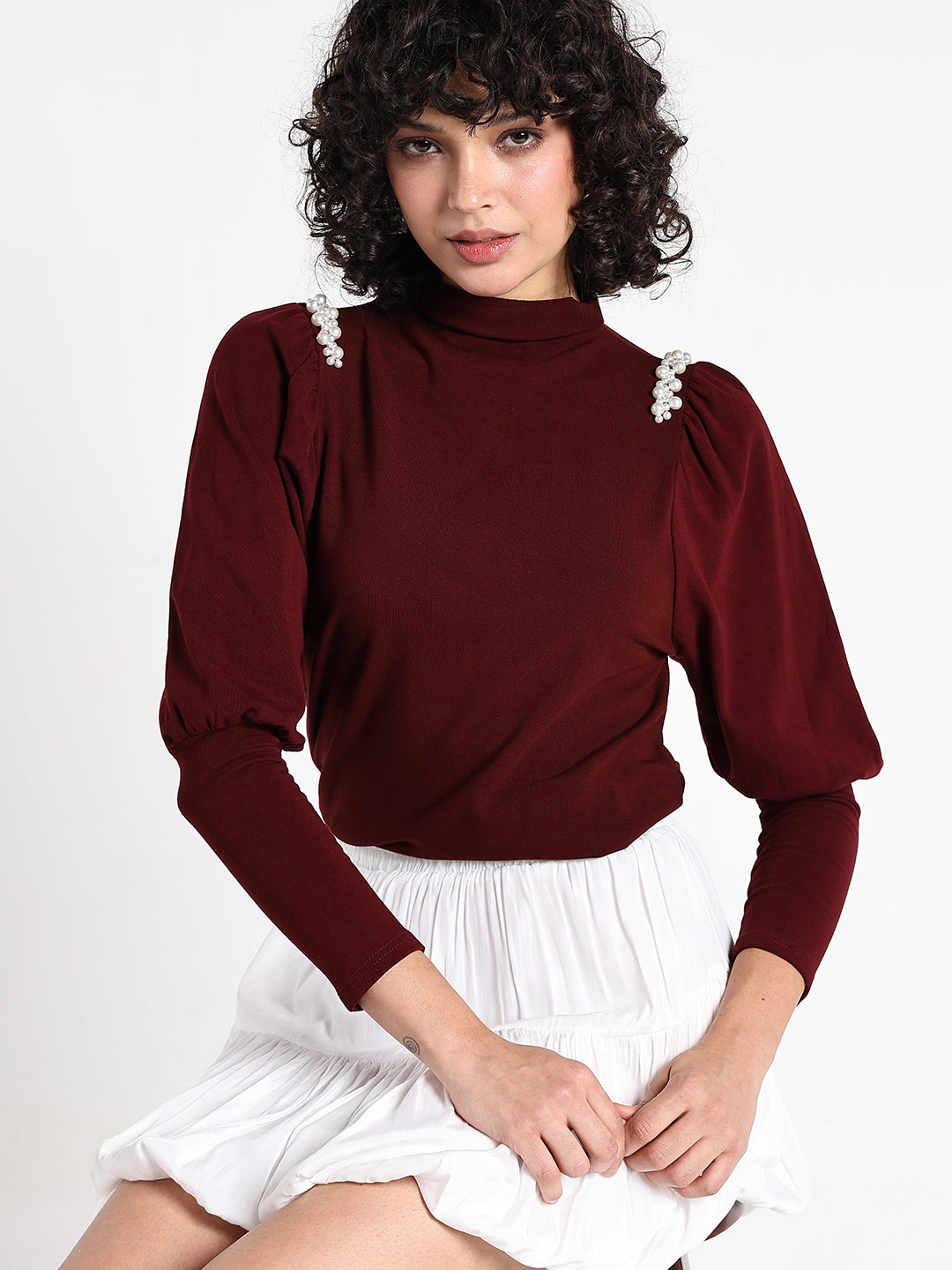 Women’s Maroon High Neck Top with Pearl Detail