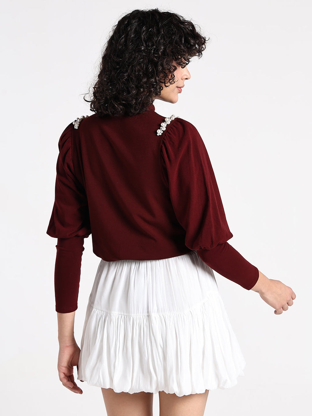 Women’s Maroon High Neck Top with Pearl Detail