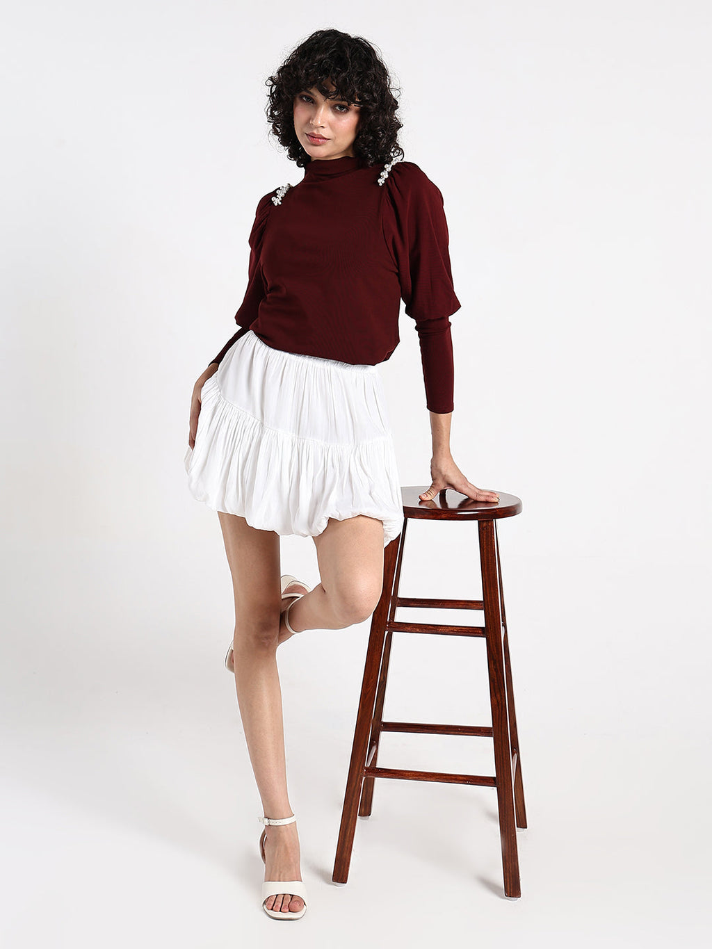 Women’s Maroon High Neck Top with Pearl Detail