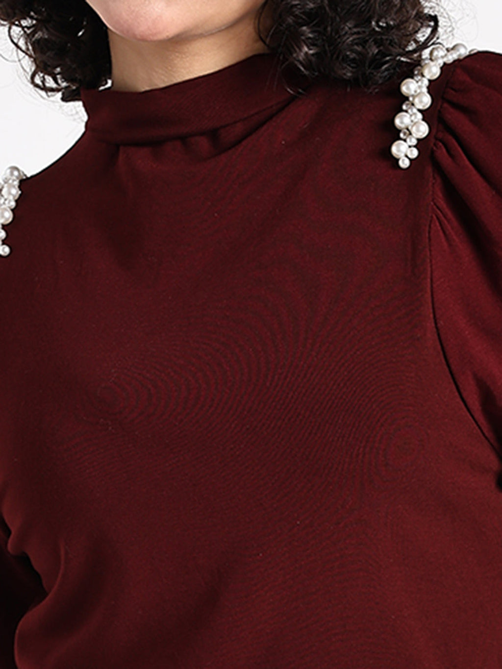 Women’s Maroon High Neck Top with Pearl Detail