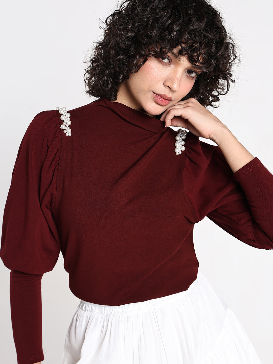 Women’s Maroon High Neck Top with Pearl Detail