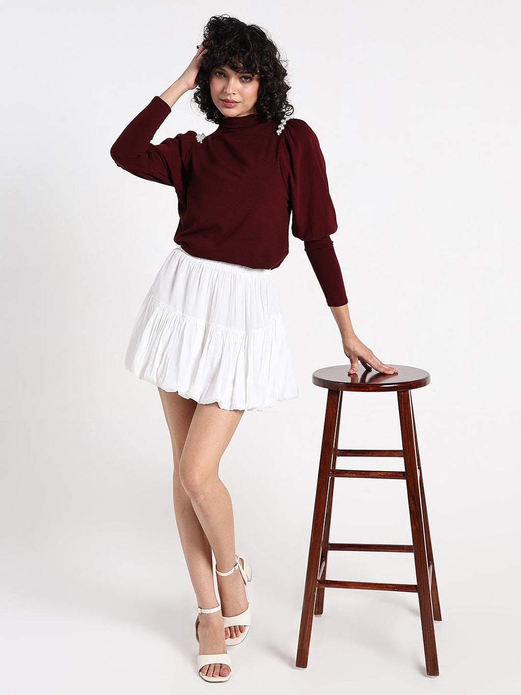 Women’s Maroon High Neck Top with Pearl Detail