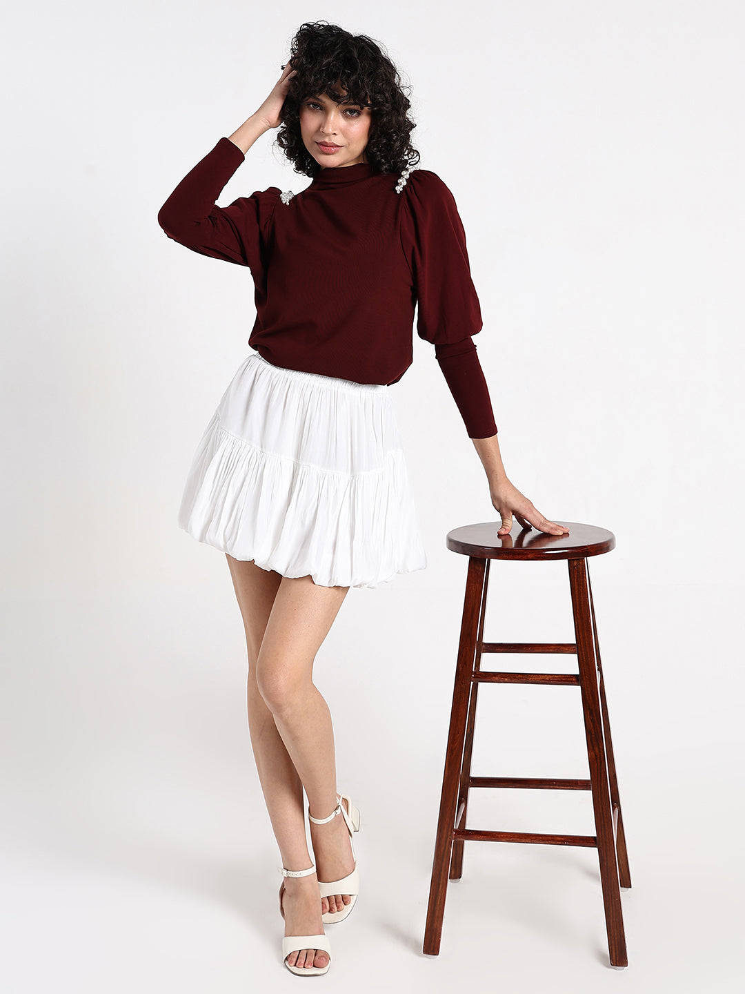 Women’s Maroon High Neck Top with Pearl Detail