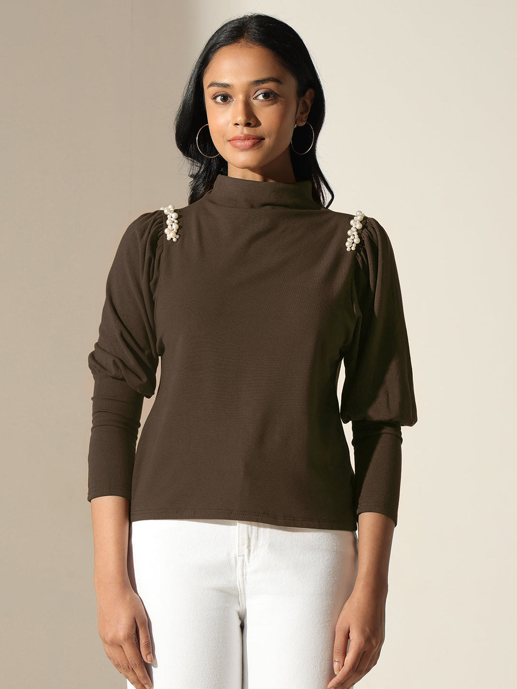 Women's Olive Puff-Sleeve Mock-Neck Top with Pearl-Embellished Detail