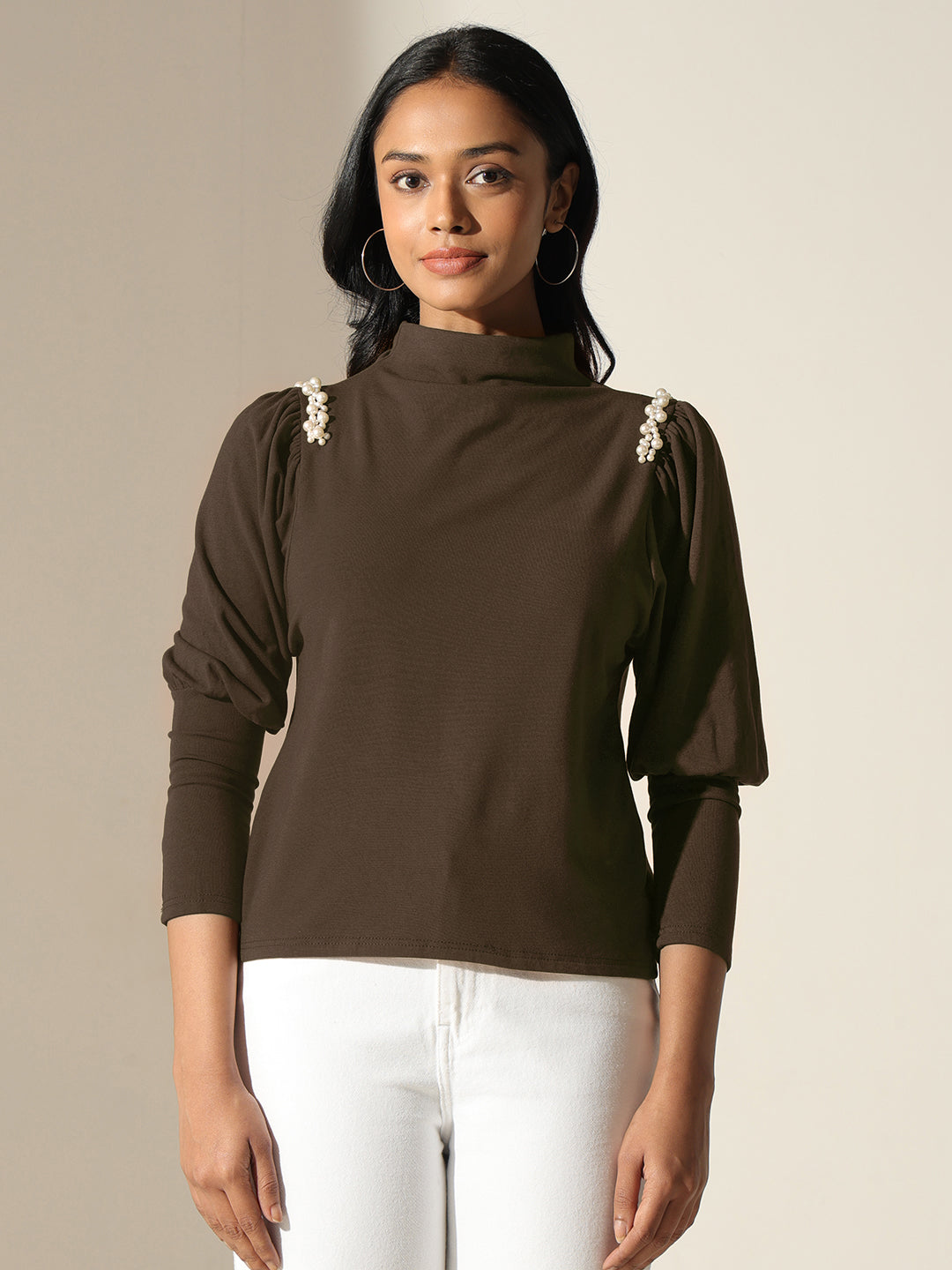 Women's Olive Puff-Sleeve Mock-Neck Top with Pearl-Embellished Detail
