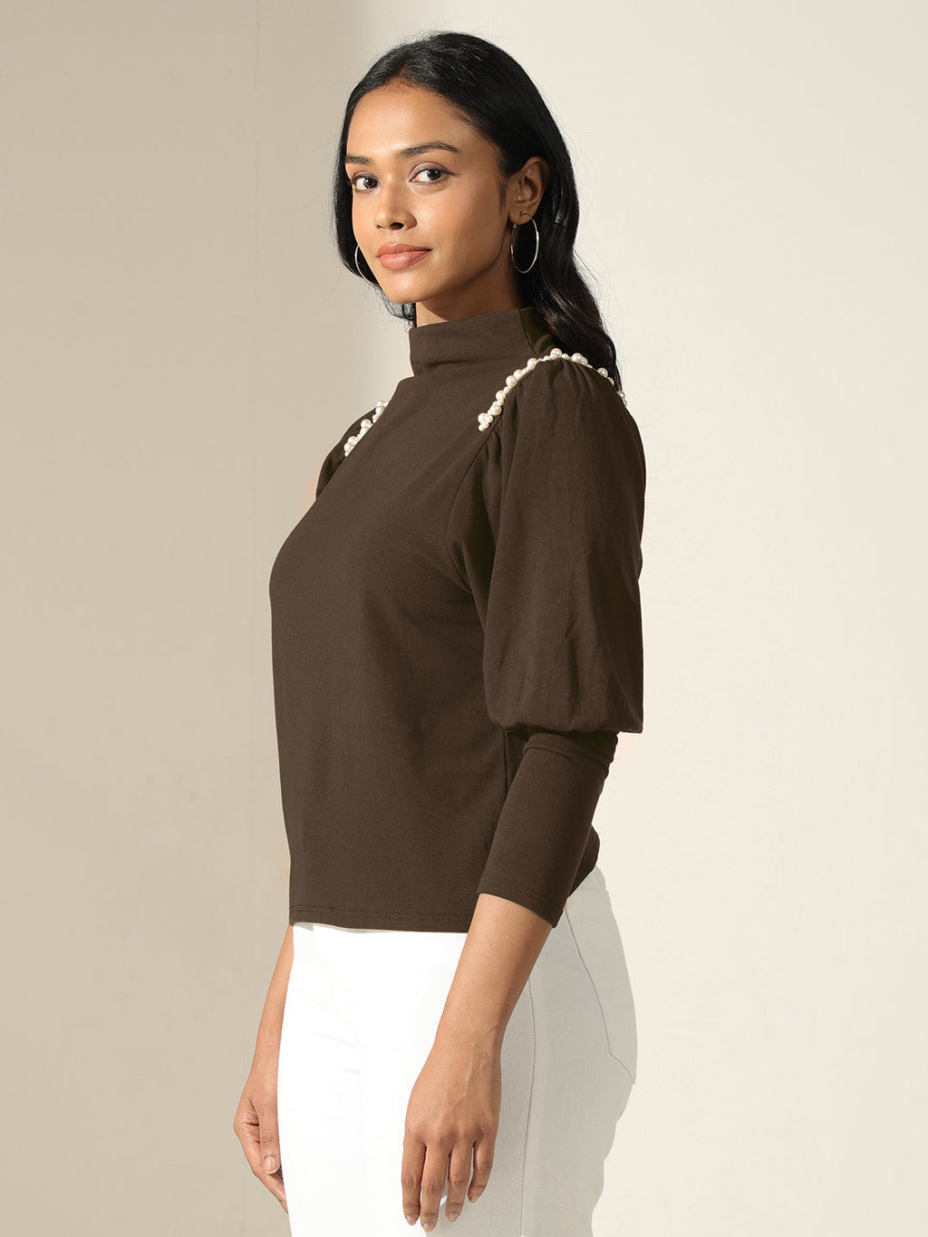 Women's Olive Puff-Sleeve Mock-Neck Top with Pearl-Embellished Detail