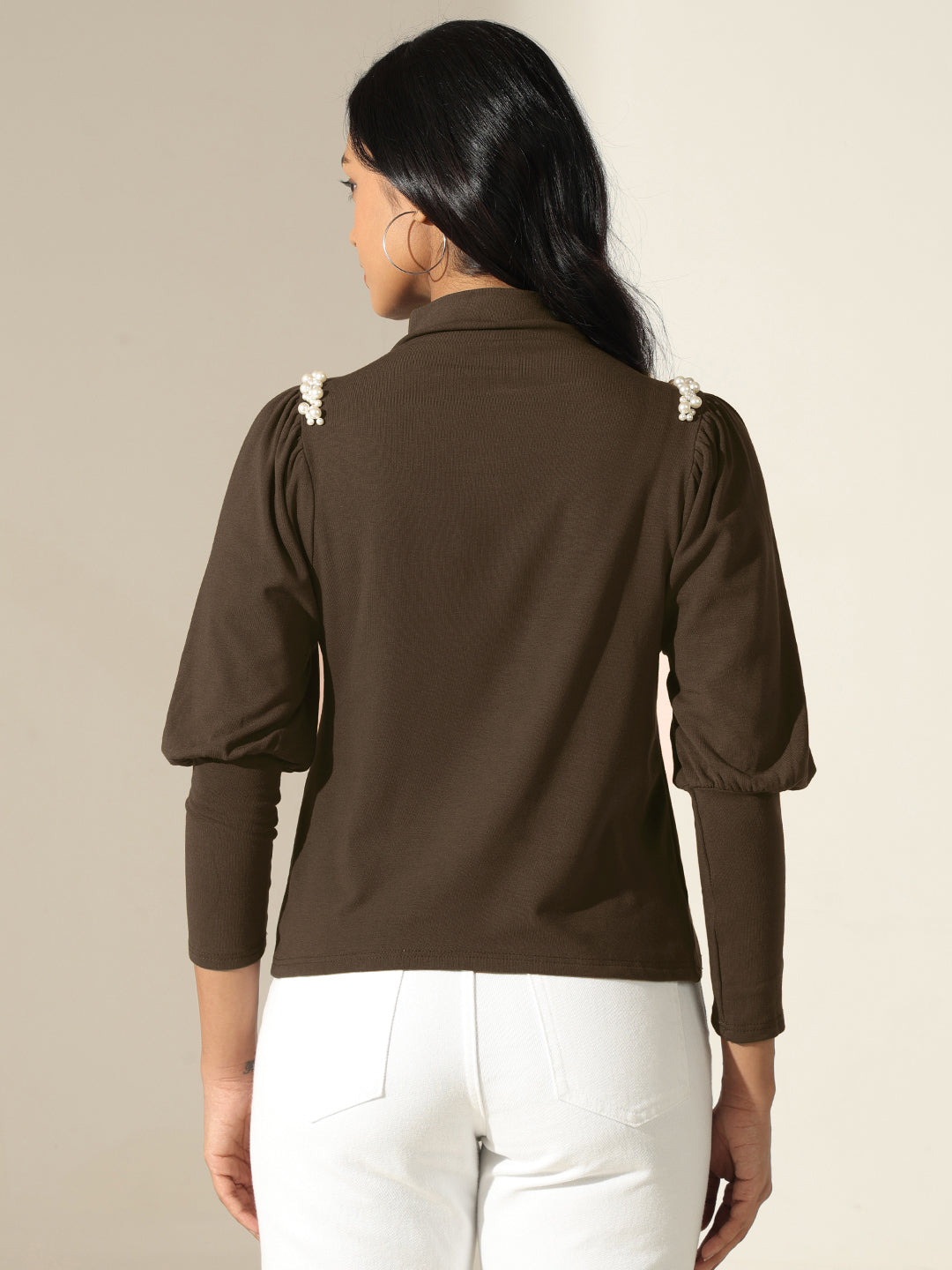 Women's Olive Puff-Sleeve Mock-Neck Top with Pearl-Embellished Detail