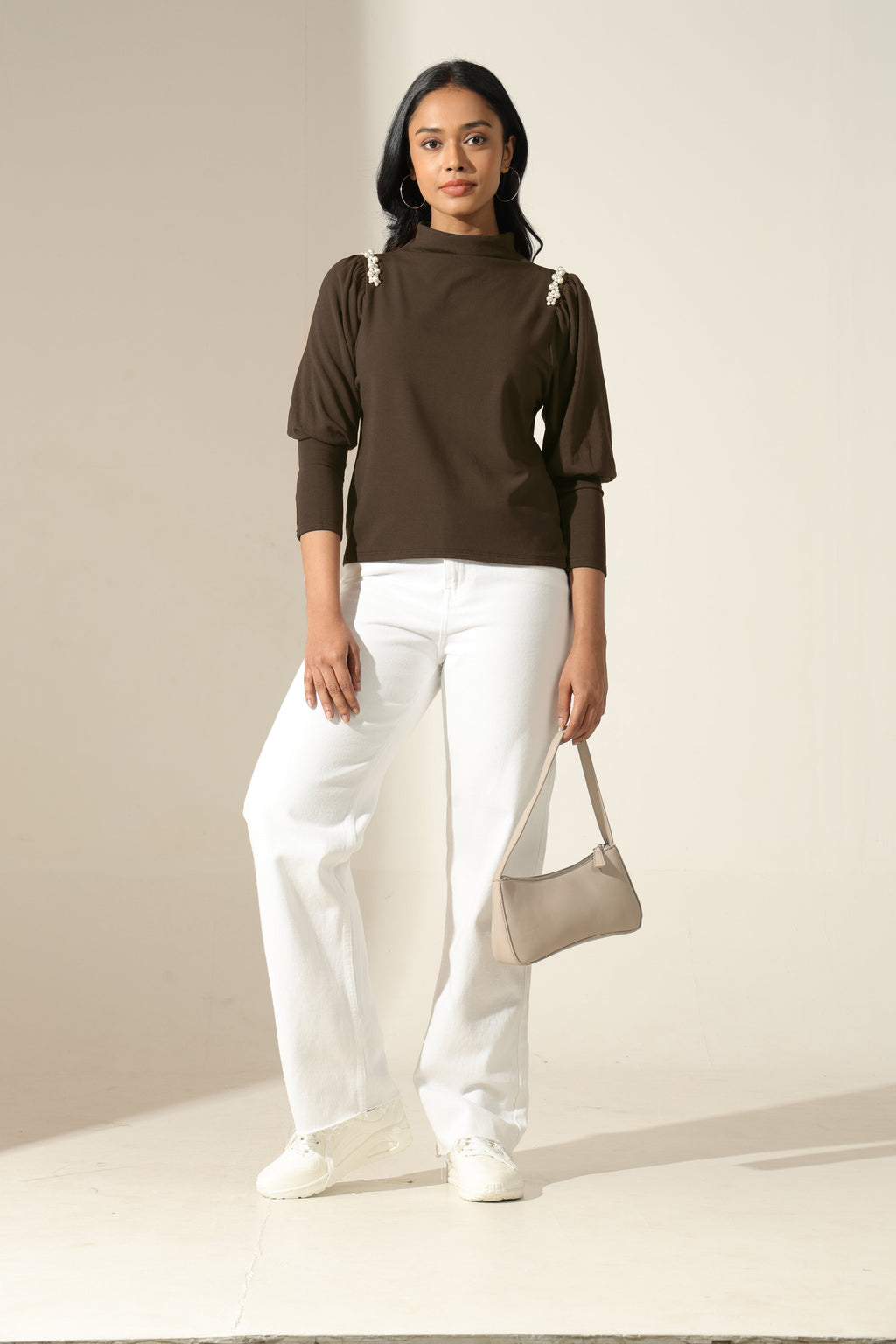 Women's Olive Puff-Sleeve Mock-Neck Top with Pearl-Embellished Detail