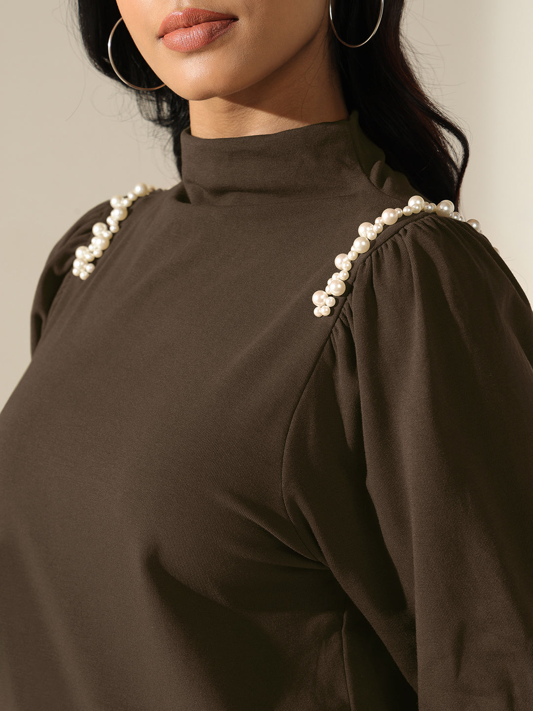 Women's Olive Puff-Sleeve Mock-Neck Top with Pearl-Embellished Detail