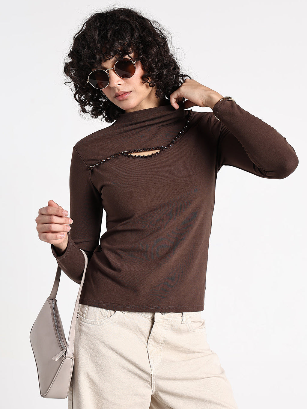 Women's Brown High Neck Cut-Out Top with Beaded Detailing