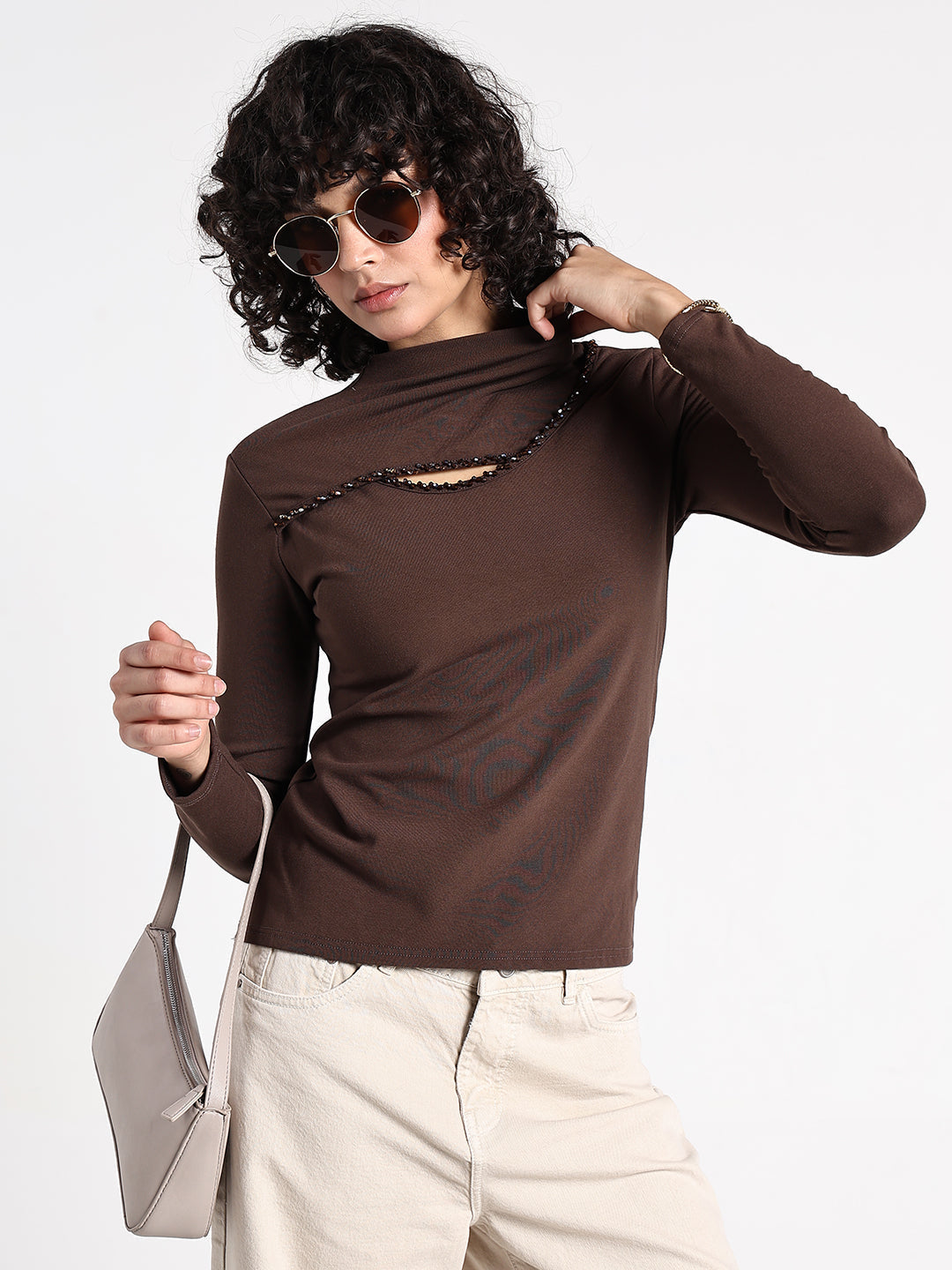 Women's Brown High Neck Cut-Out Top with Beaded Detailing