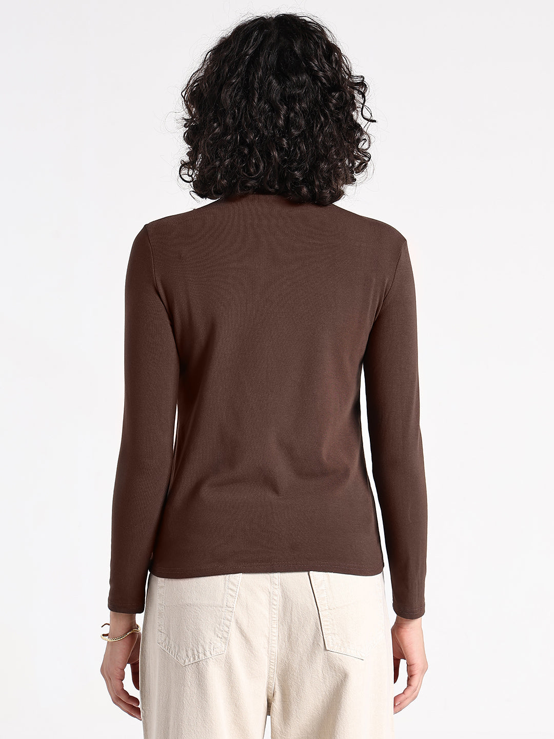 Women's Brown High Neck Cut-Out Top with Beaded Detailing