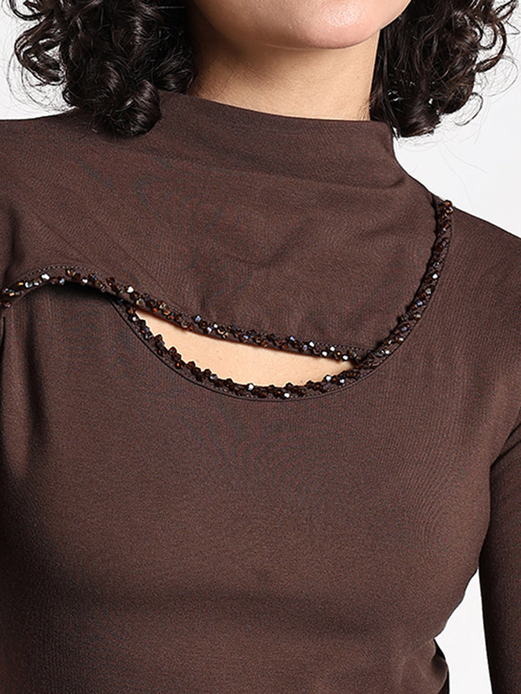 Women's Brown High Neck Cut-Out Top with Beaded Detailing