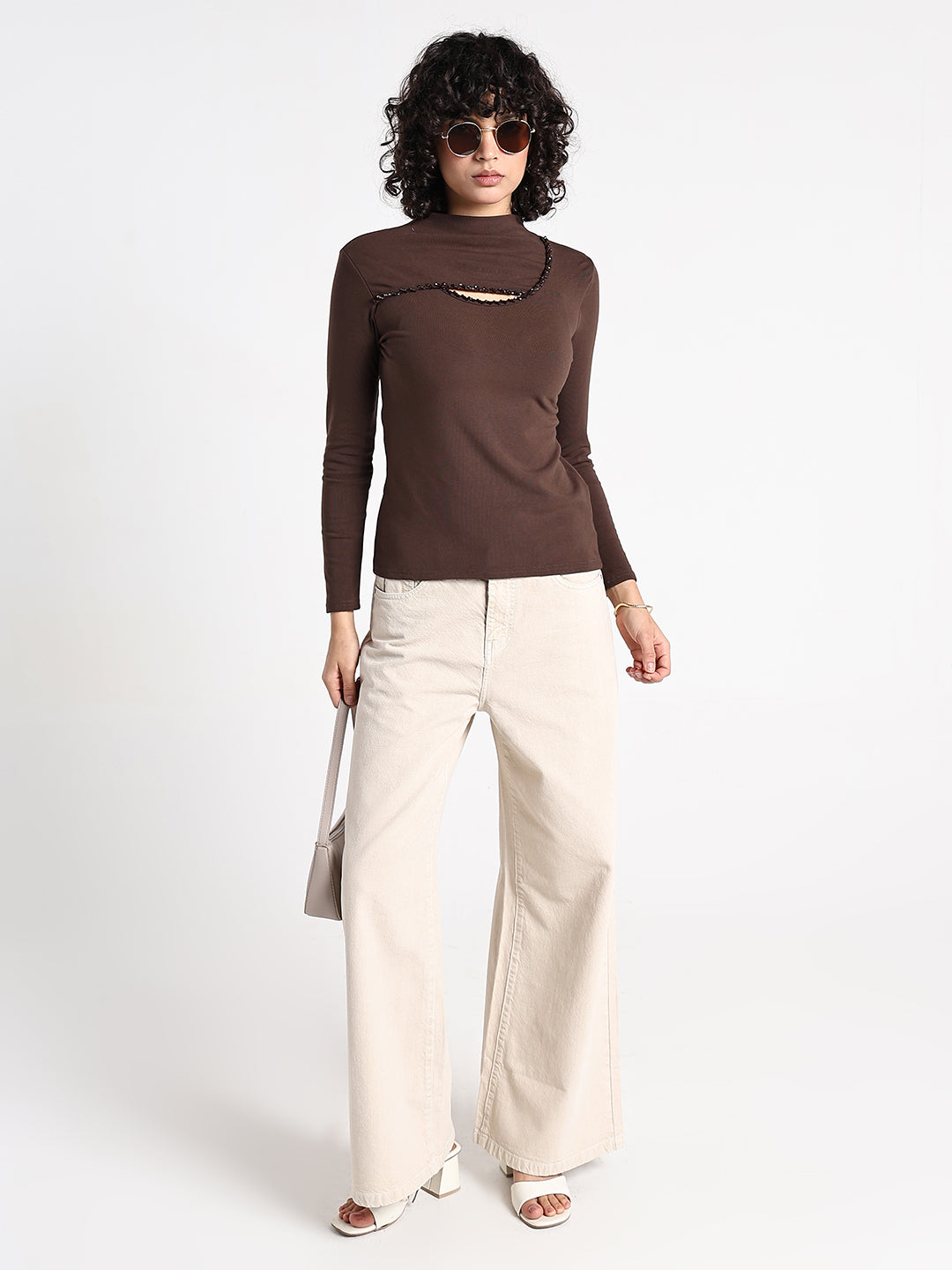 Women's Brown High Neck Cut-Out Top with Beaded Detailing