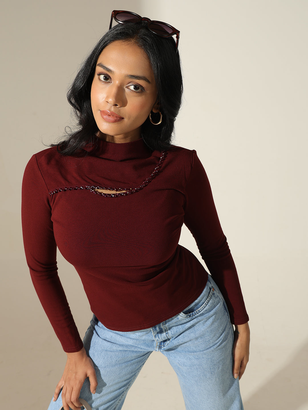 Women's Embellished-Cut-out Maroon High-Neck Top