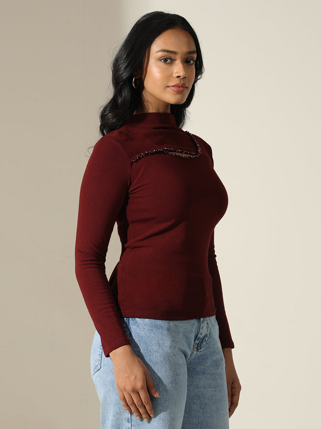 Women's Embellished-Cut-out Maroon High-Neck Top