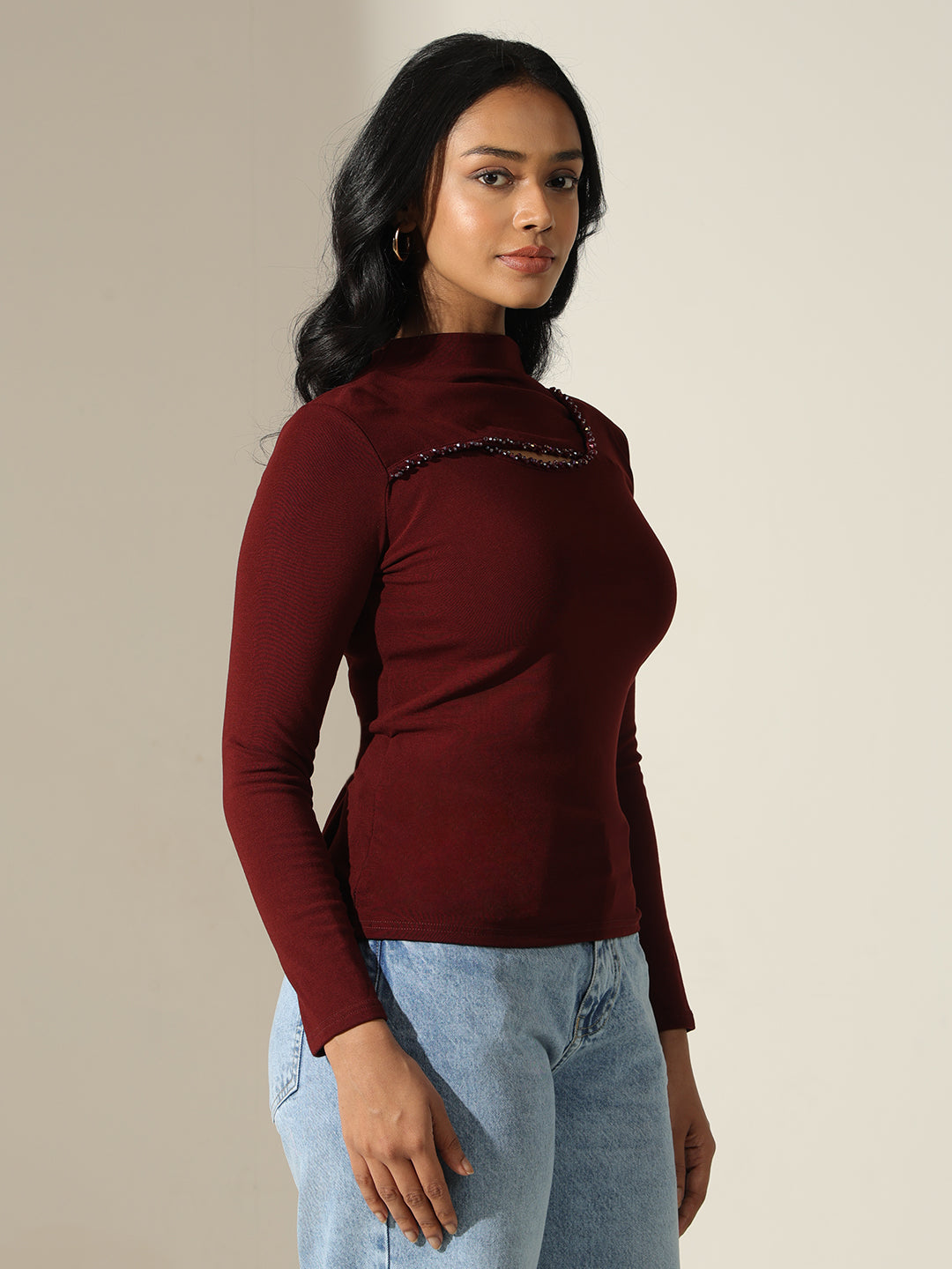 Women's Embellished-Cut-out Maroon High-Neck Top