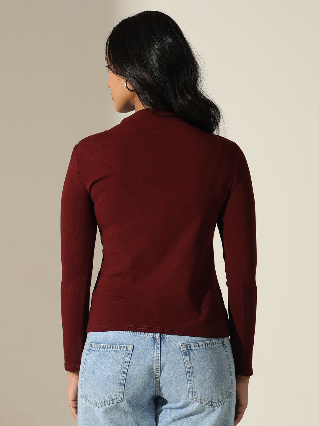 Women's Embellished-Cut-out Maroon High-Neck Top