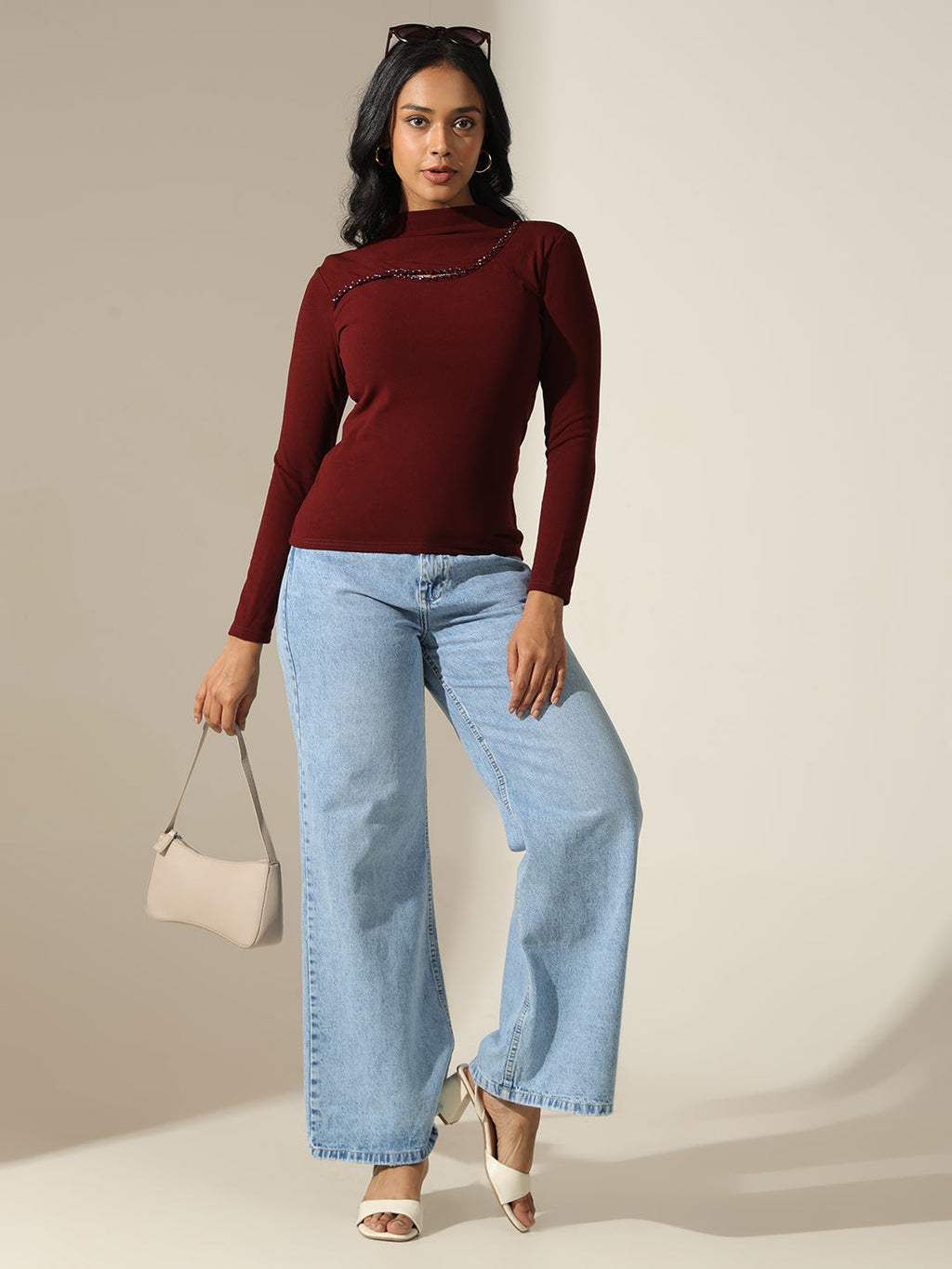 Women's Embellished-Cut-out Maroon High-Neck Top