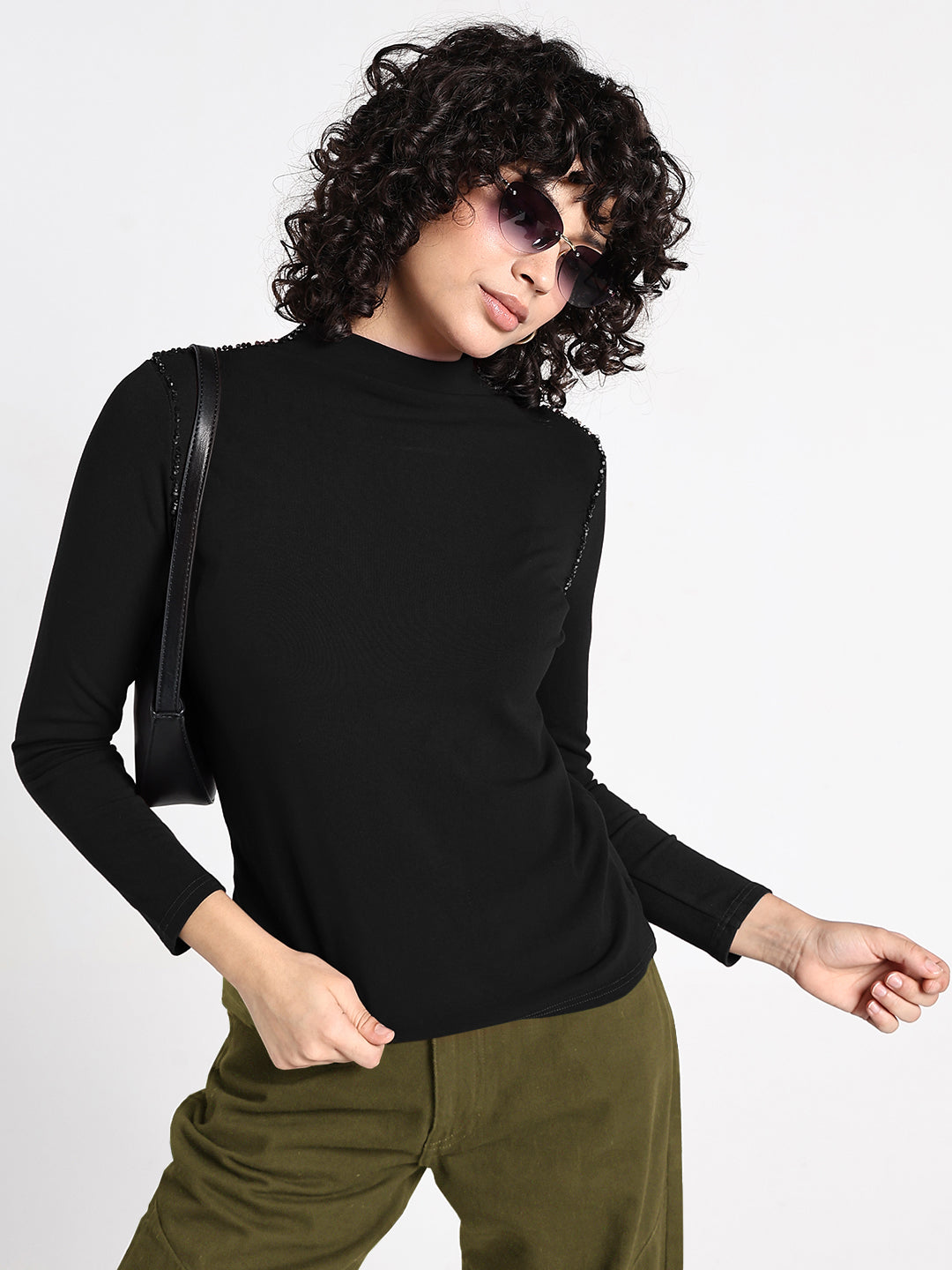 Women's Black Embellished High Neck Top