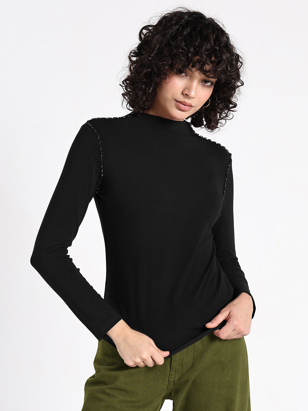 Women's Black Embellished High Neck Top