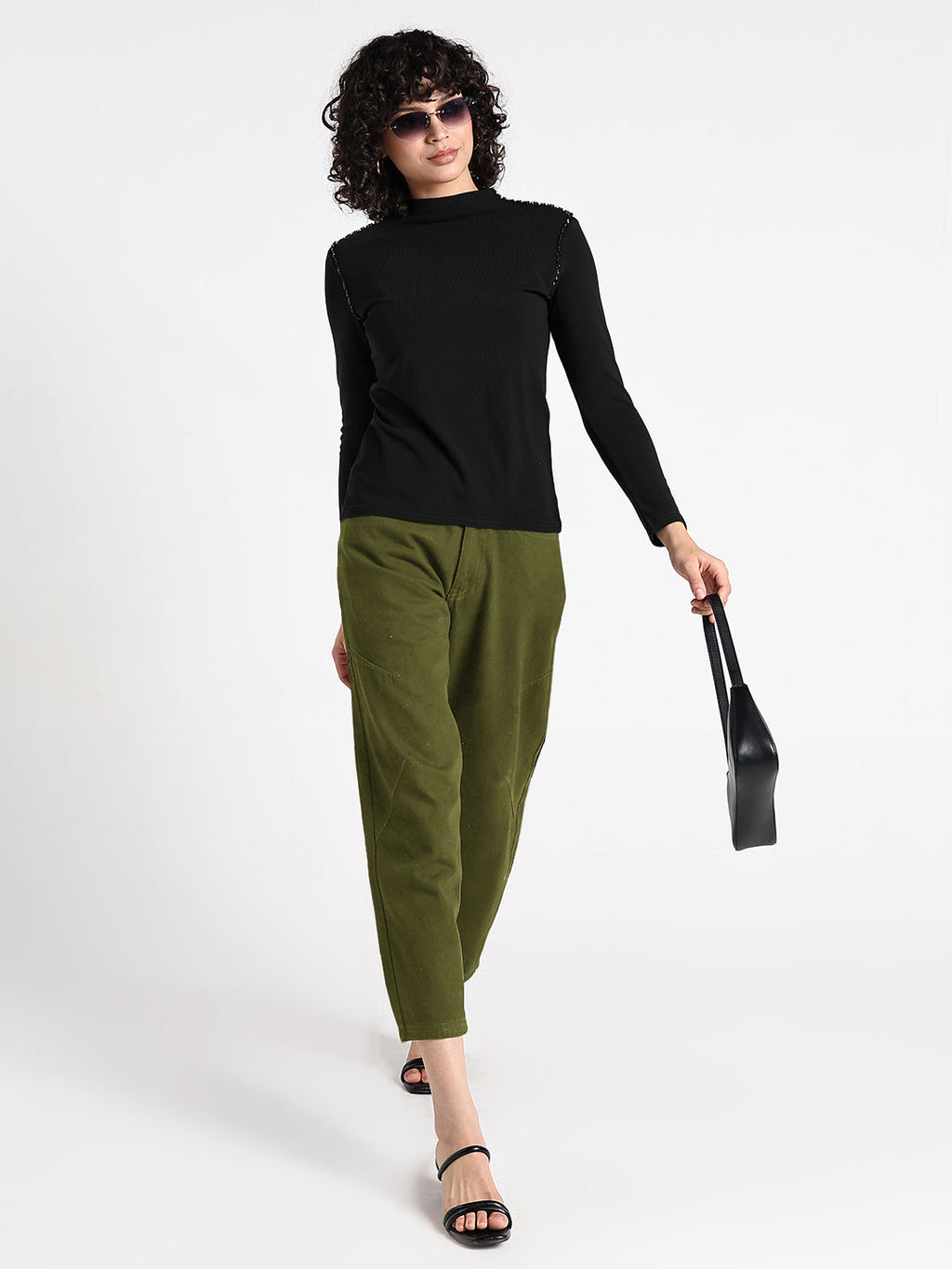 Women's Black Embellished High Neck Top