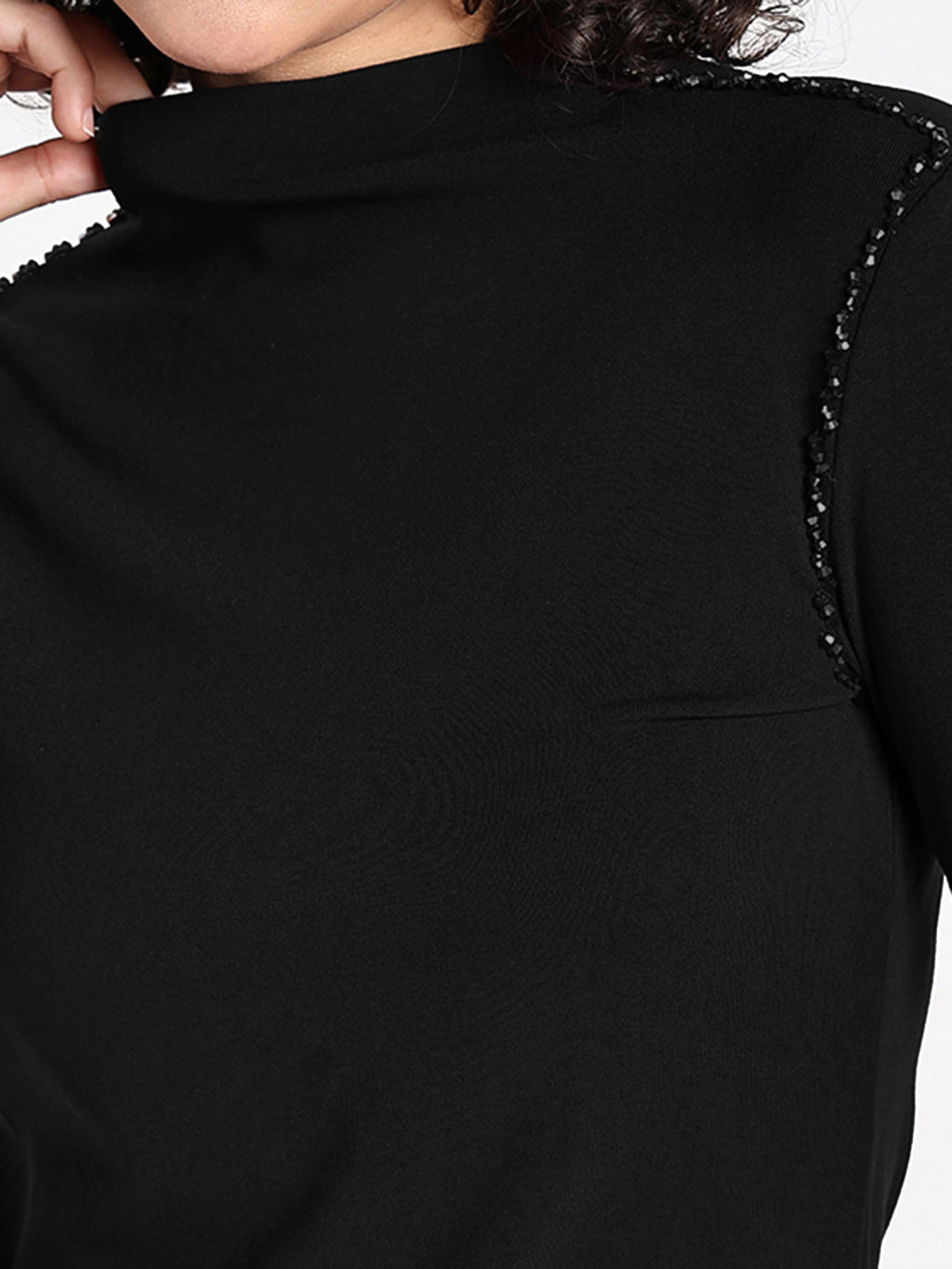 Women's Black Embellished High Neck Top