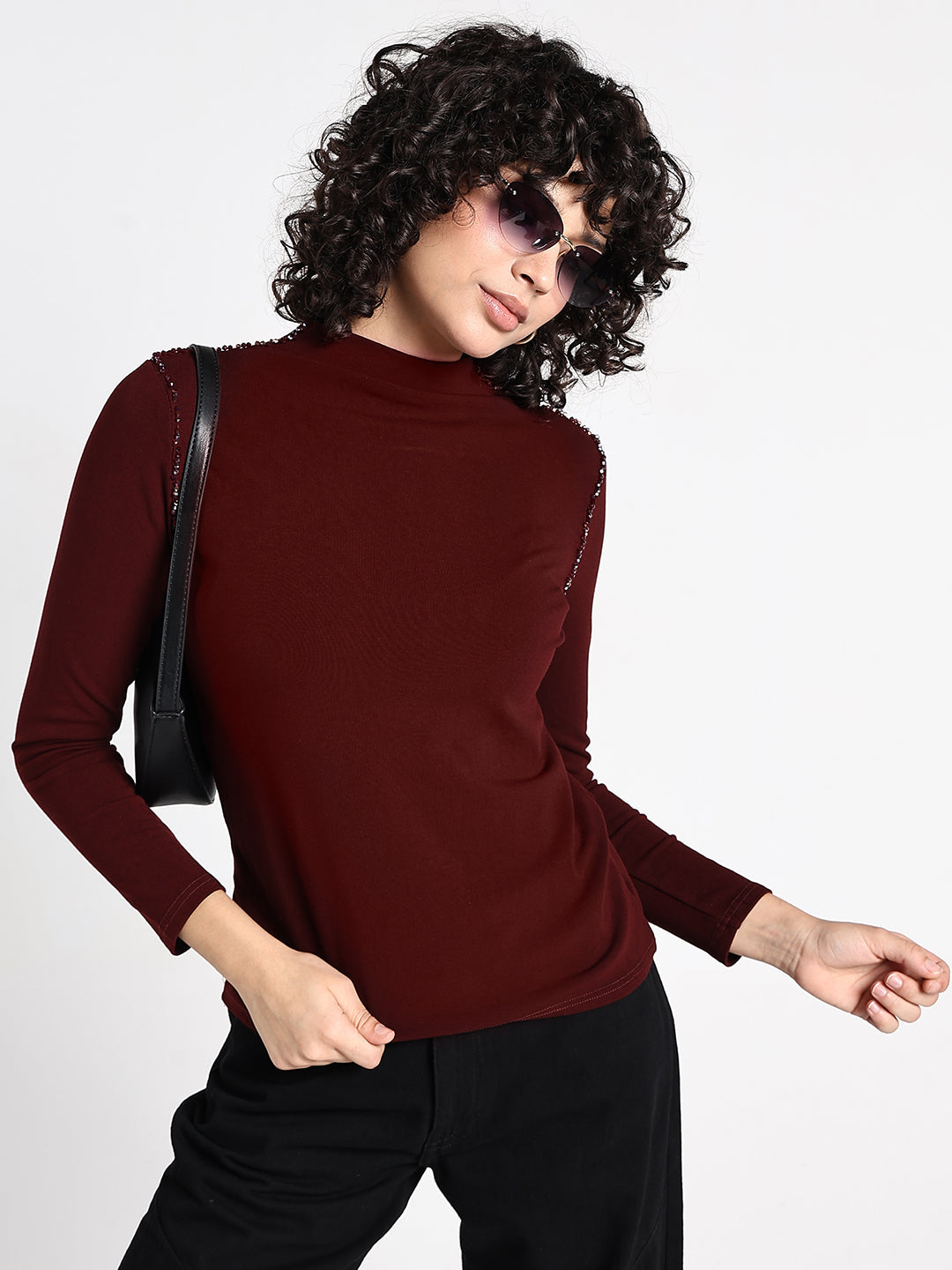 Women's Maroon Embellished High Neck Top