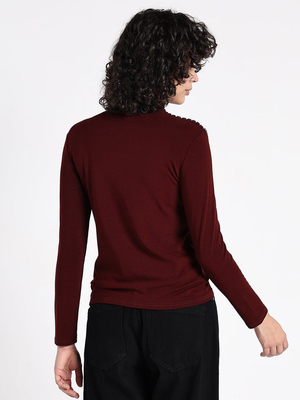 Women's Maroon Embellished High Neck Top