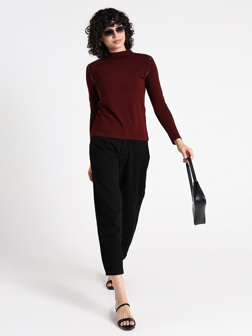 Women's Maroon Embellished High Neck Top