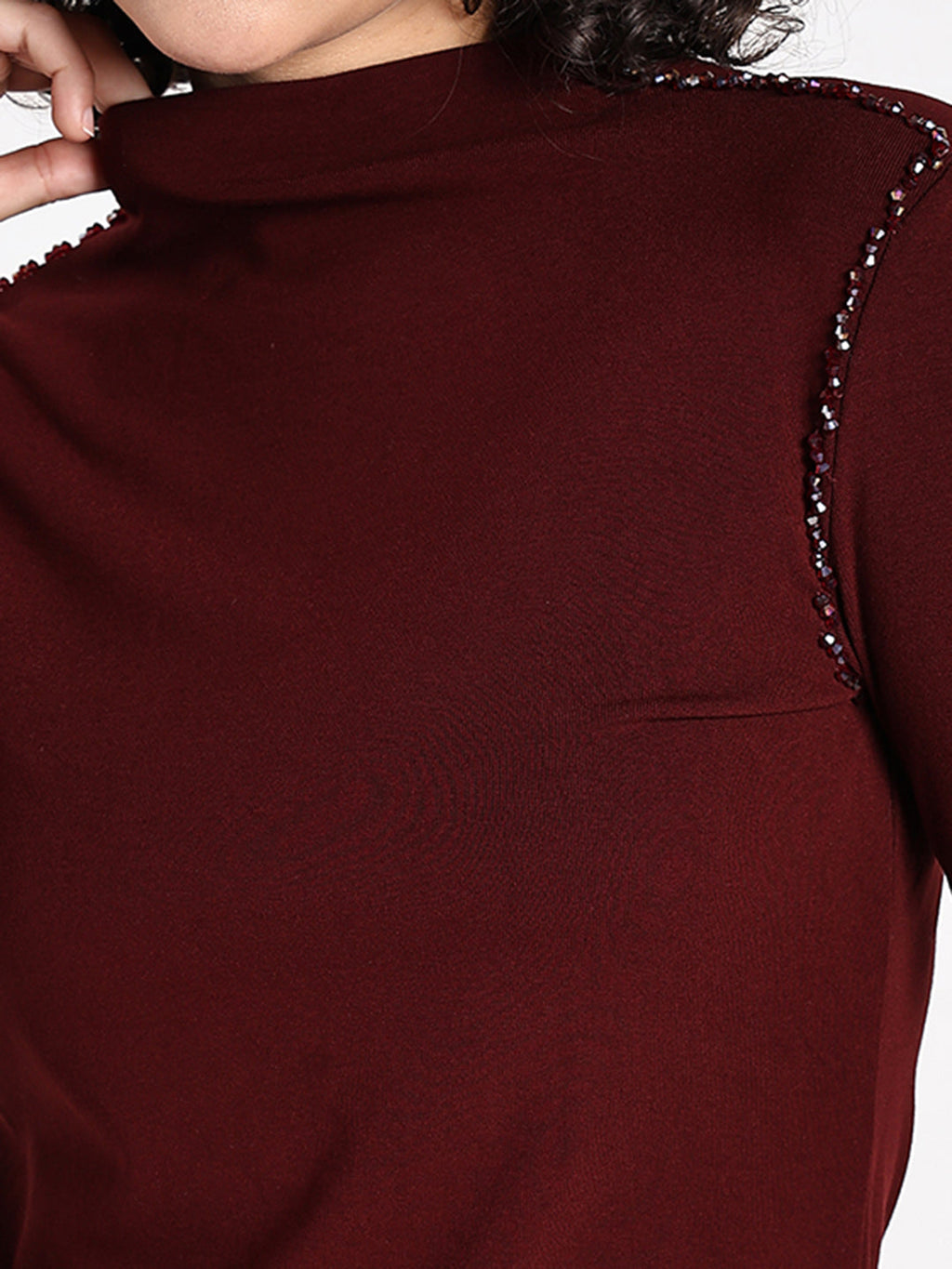 Women's Maroon Embellished High Neck Top