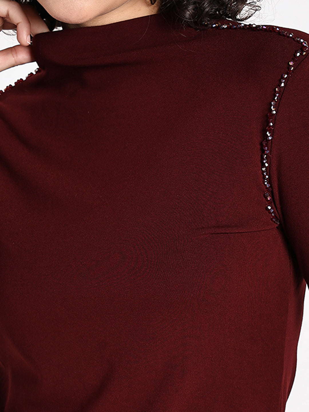 Women's Maroon Embellished High Neck Top