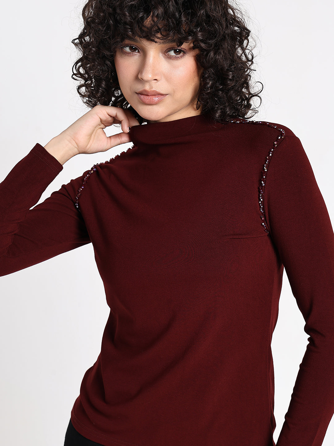 Women's Maroon Embellished High Neck Top