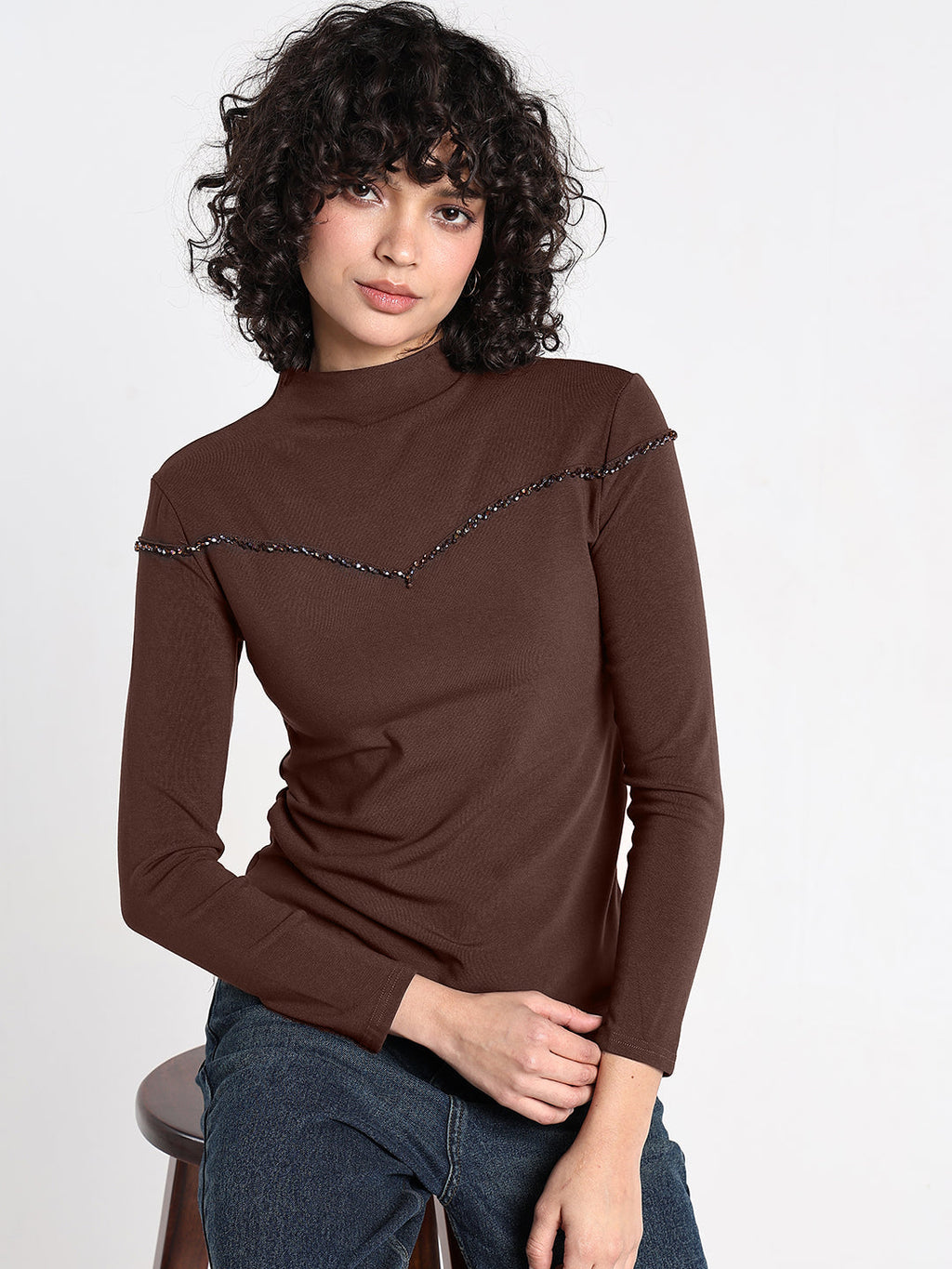 Women's Brown Embellished High Neck Top