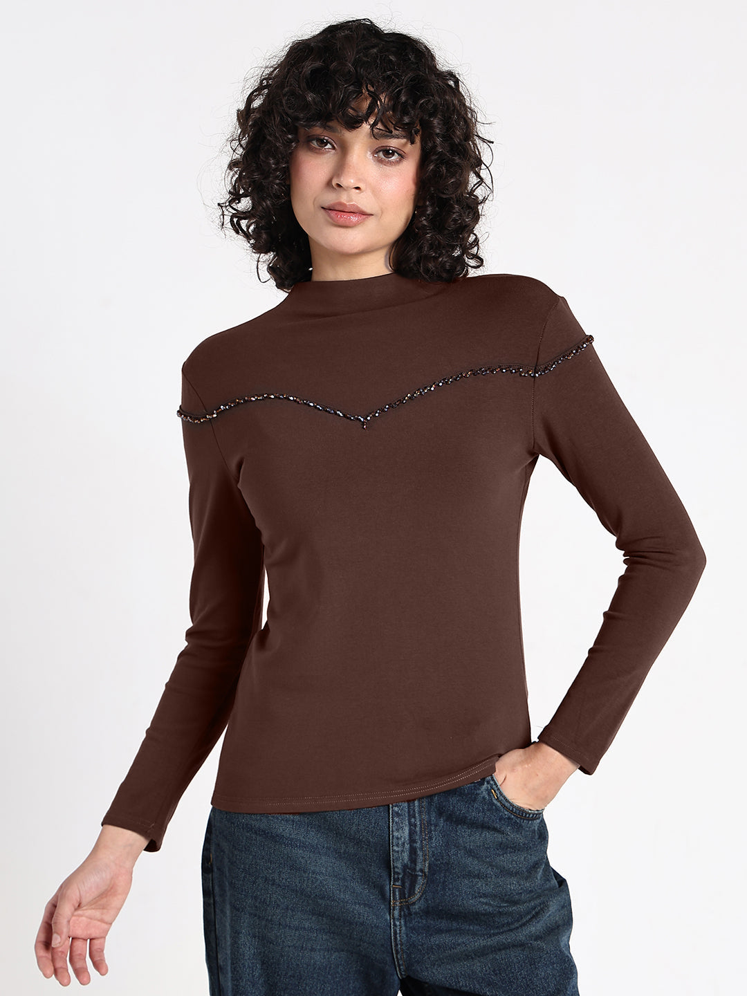 Women's Brown Embellished High Neck Top