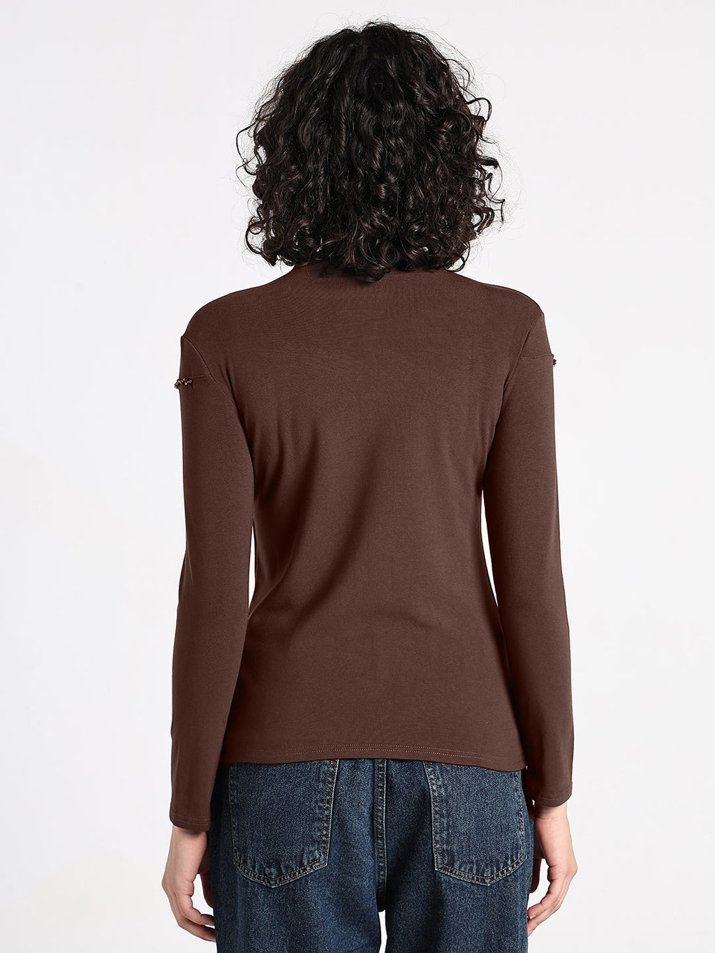 Women's Brown Embellished High Neck Top