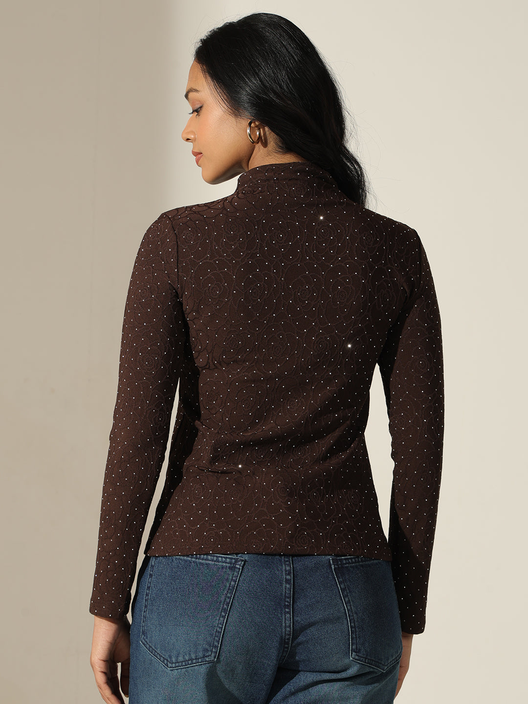 Women's Textured Brown High-Neck Top